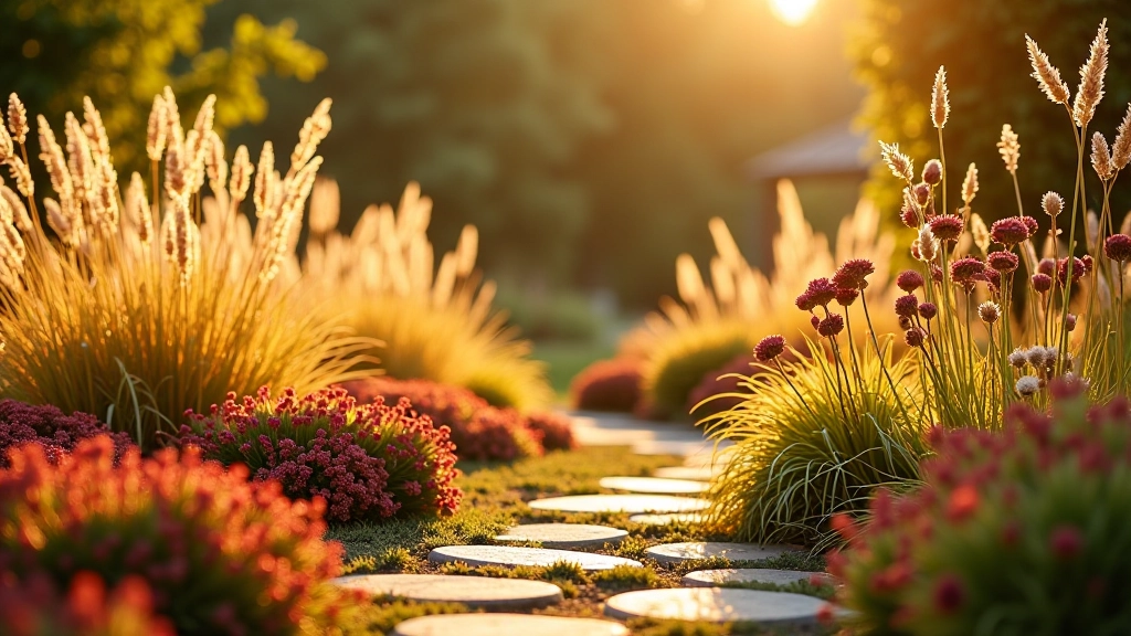 Fall garden display with golden ornamental grasses, burgundy sedum, and dried seed heads creating autumn texture and color
