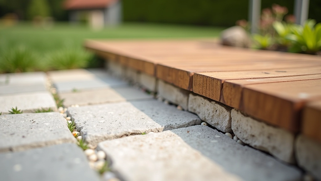 Close-up detail of mixed patio materials showing stone pavers and wooden deck transition with proper drainage