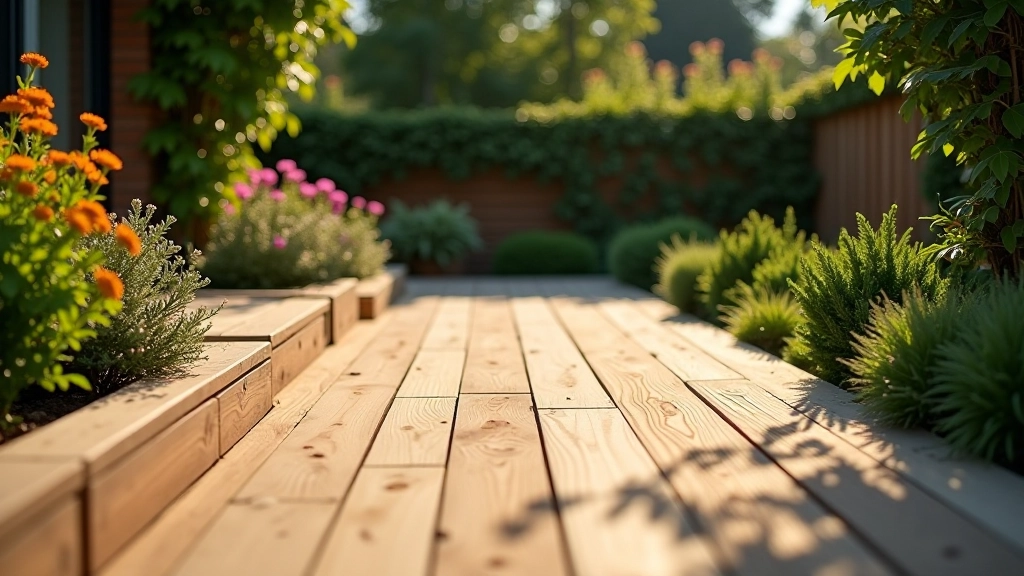Well-maintained wooden deck in garden setting with clear wood grain and protective finish