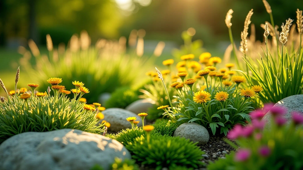 Garden bed with mixed textures showing daisy-shaped flowers, spiky purple flowers, and feathery ornamental grass creating layered visual interest