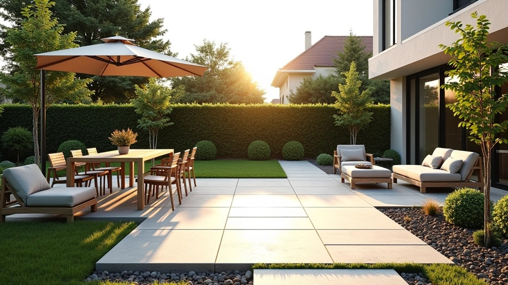 Patio with distinct functional zones including dining area, lounge seating, and circulation paths