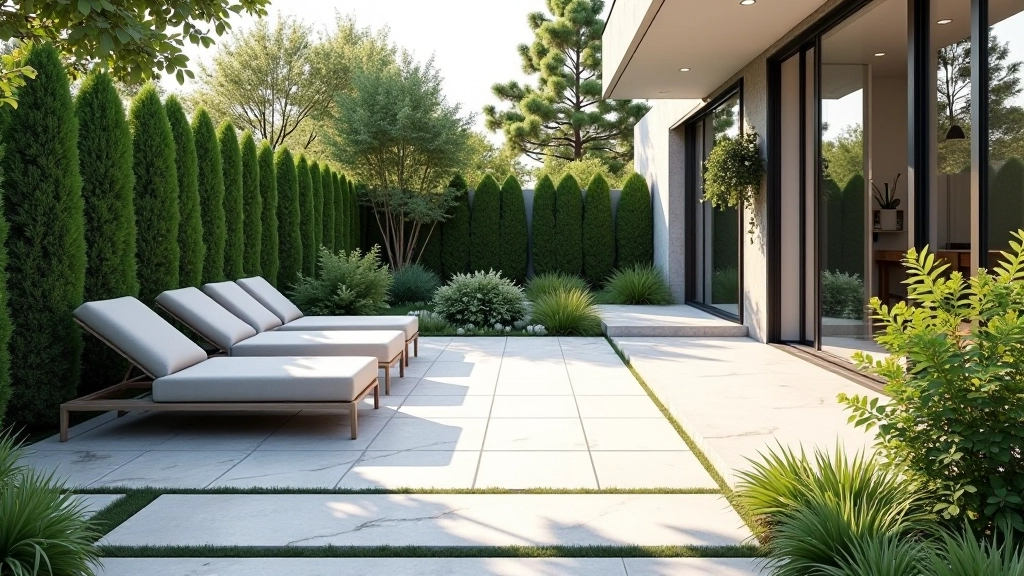 Modern patio with stone pavers and seating area