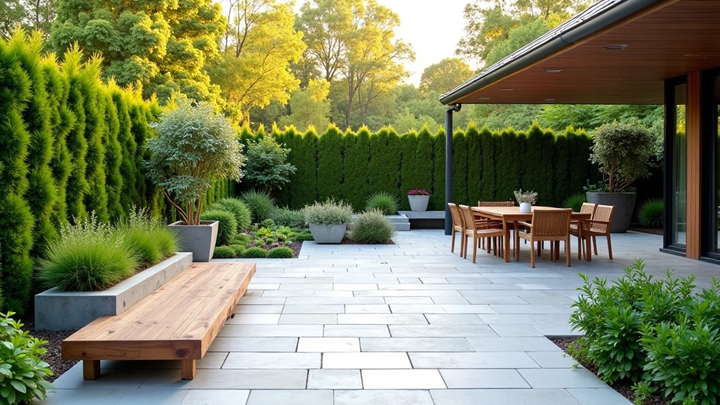 Modern garden patio with stone pavers and landscaped borders