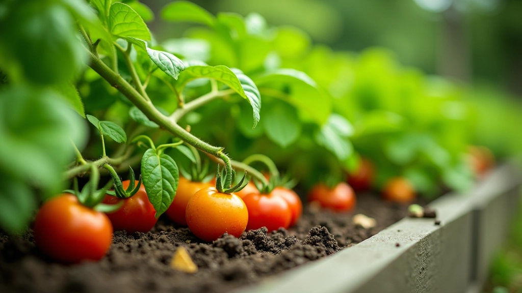 Variety of fresh vegetables including tomatoes, lettuce, peppers, and herbs growing in a raised garden bed ready for harvest