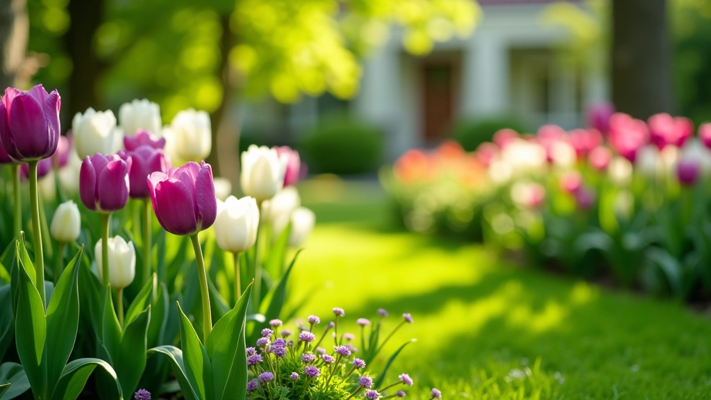 Colorful perennial garden beds in spring with purple tulips, white bleeding heart, and green foliage in a residential landscape