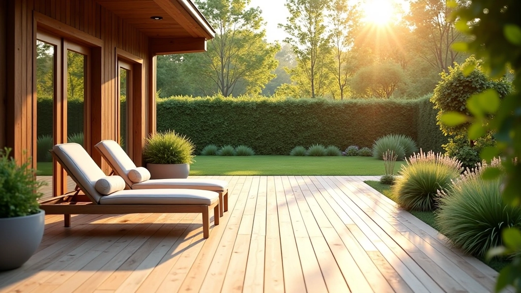 Wooden patio deck with comfortable seating area overlooking manicured lawn and shrub borders